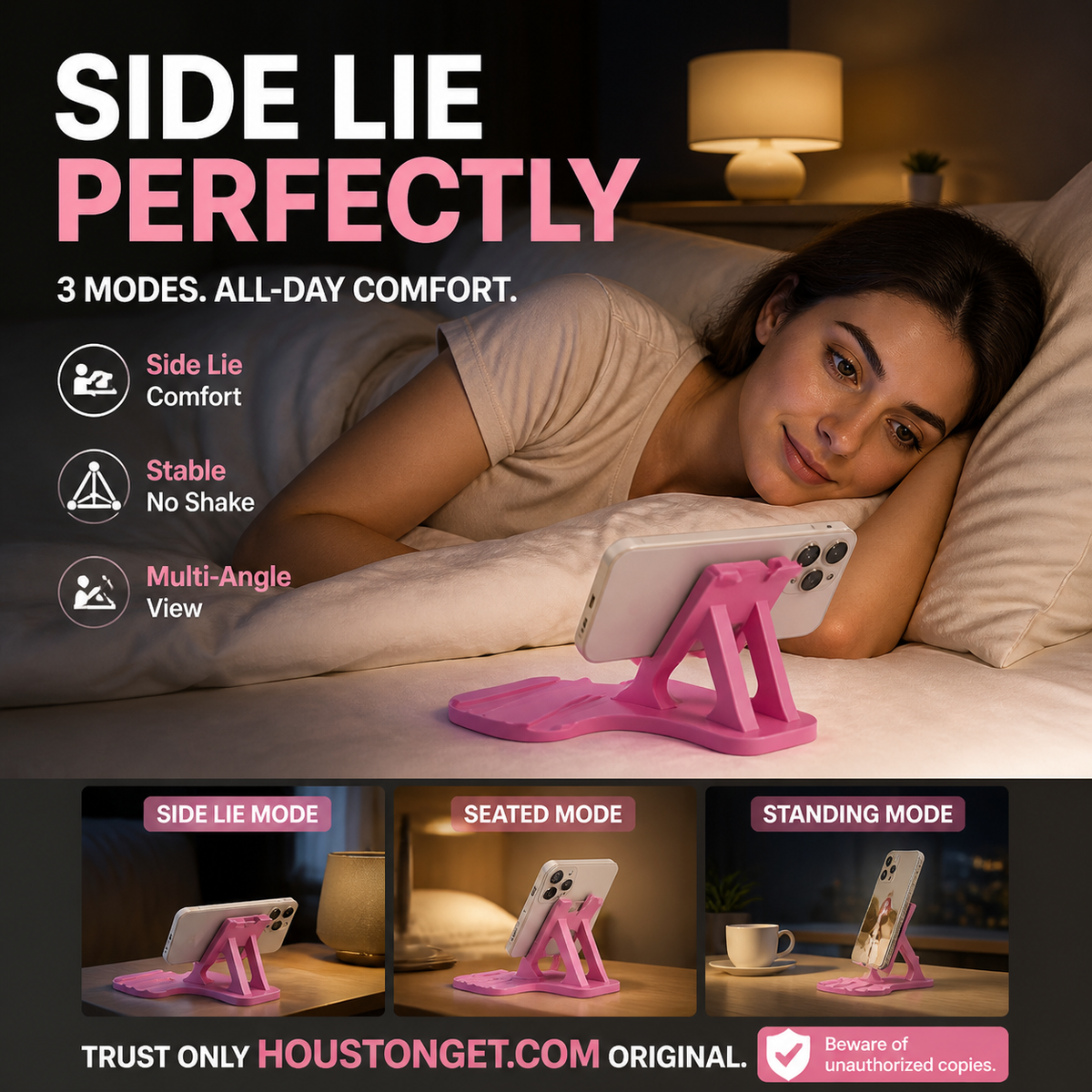🔥-50% off today: Multi-angle phone stand compatible with landscape mode – 3-position adjustable desk stand, secure grip and hands-free use for bed, sofa and office.