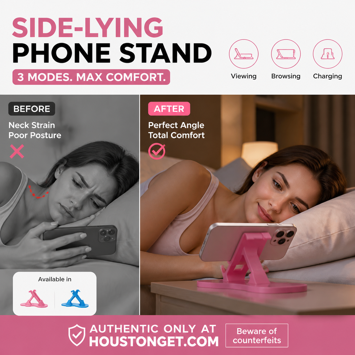 🔥-50% off today: Multi-angle phone stand compatible with landscape mode – 3-position adjustable desk stand, secure grip and hands-free use for bed, sofa and office.