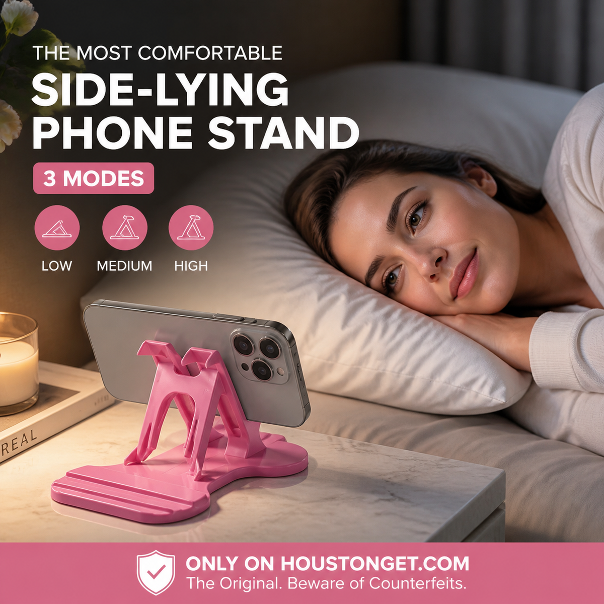 🔥-50% off today: Multi-angle phone stand compatible with landscape mode – 3-position adjustable desk stand, secure grip and hands-free use for bed, sofa and office.