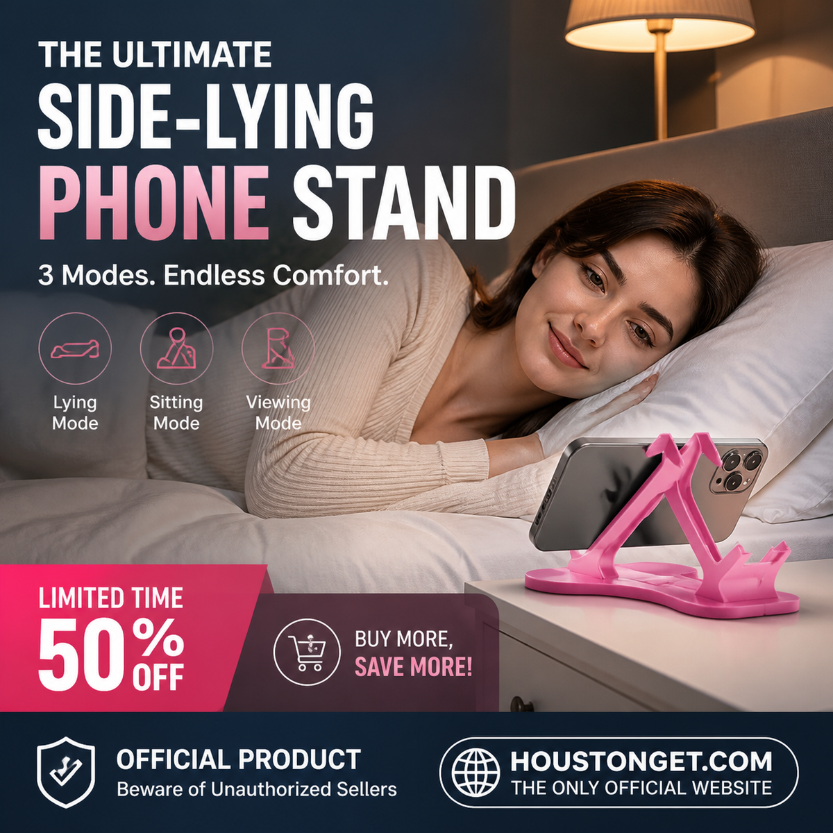 🔥-50% off today: Multi-angle phone stand compatible with landscape mode – 3-position adjustable desk stand, secure grip and hands-free use for bed, sofa and office.