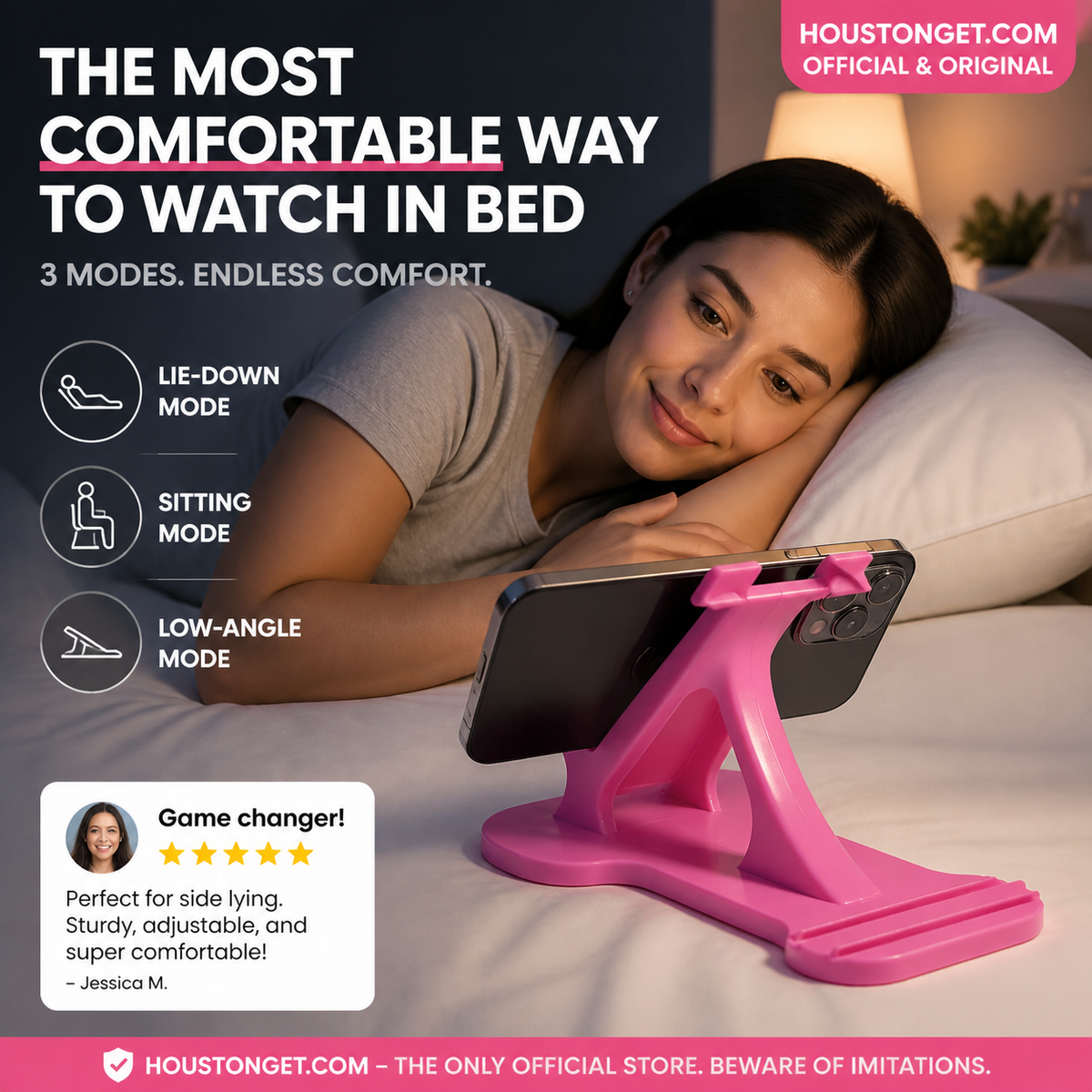 🔥-50% off today: Multi-angle phone stand compatible with landscape mode – 3-position adjustable desk stand, secure grip and hands-free use for bed, sofa and office.