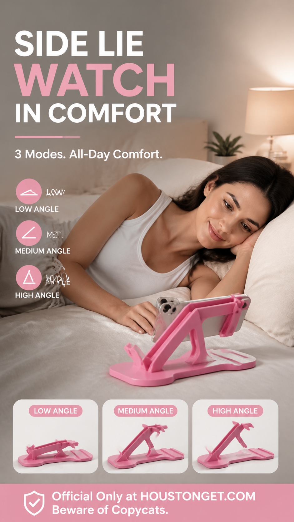 🔥-50% off today: Multi-angle phone stand compatible with landscape mode – 3-position adjustable desk stand, secure grip and hands-free use for bed, sofa and office.