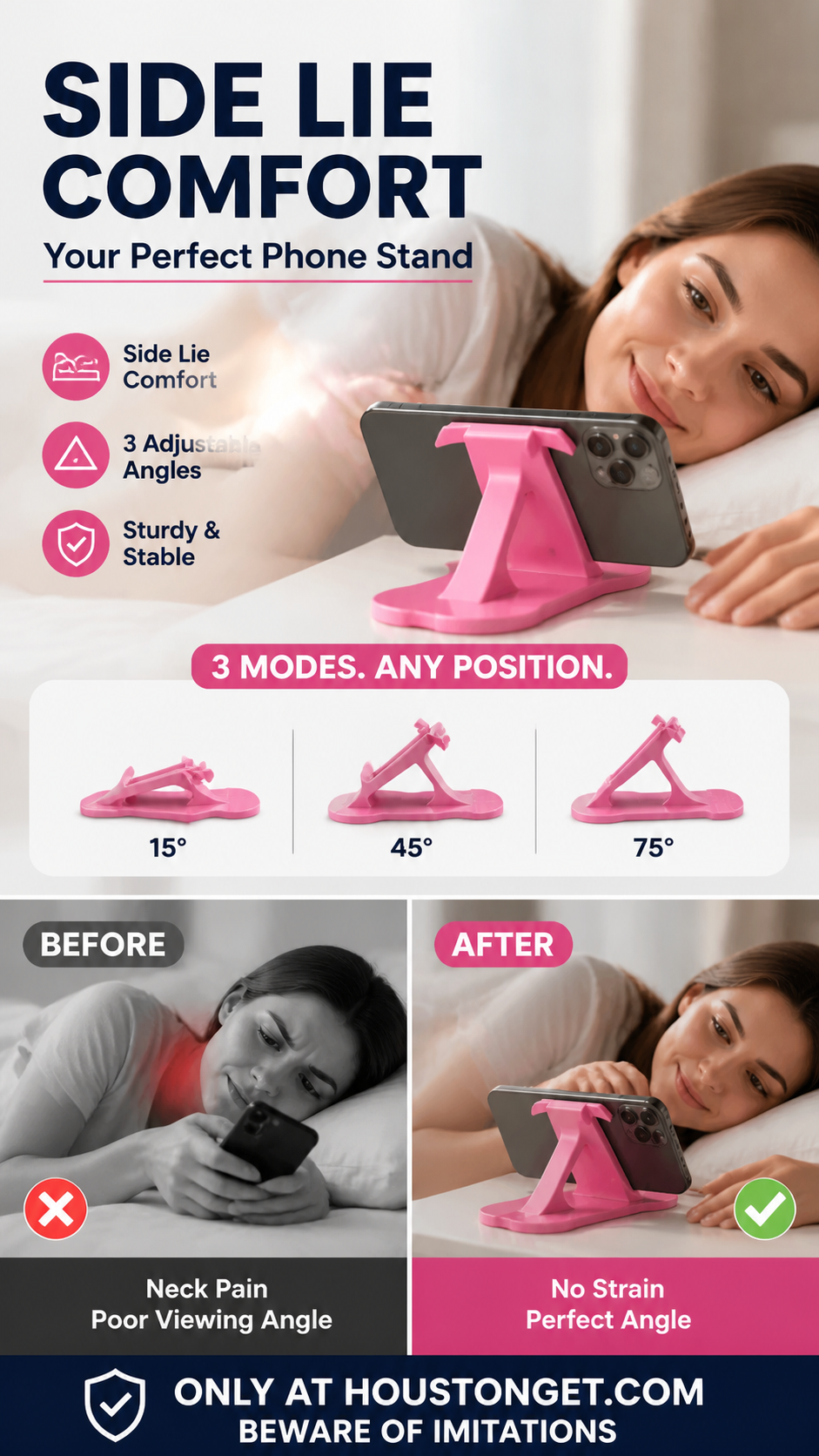 🔥-50% off today: Multi-angle phone stand compatible with landscape mode – 3-position adjustable desk stand, secure grip and hands-free use for bed, sofa and office.
