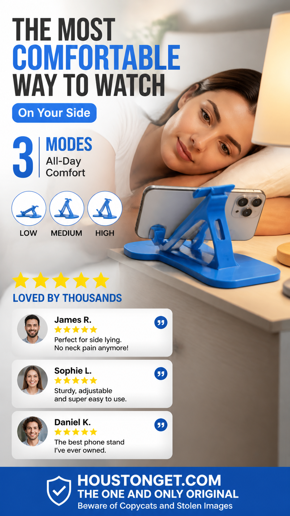 🔥-50% off today: Multi-angle phone stand compatible with landscape mode – 3-position adjustable desk stand, secure grip and hands-free use for bed, sofa and office.