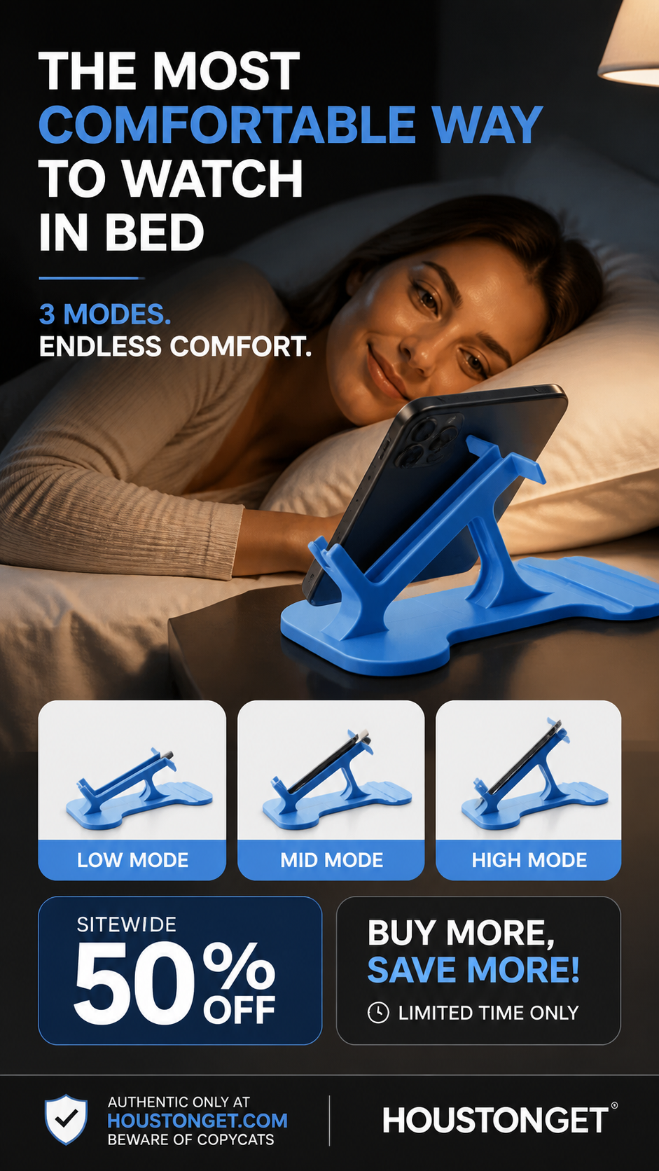 🔥-50% off today: Multi-angle phone stand compatible with landscape mode – 3-position adjustable desk stand, secure grip and hands-free use for bed, sofa and office.